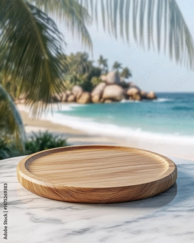 custom made wallpaper toronto digitalWooden plate on marble table against tropical beach backdrop for product display mockup presentation advertisement
