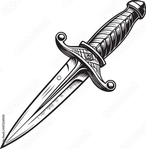 Dagger, Black and White Vector Illustration, Sketch Drawing Line Linear Symbol Icon Engraving, Hand-drawn Isolated