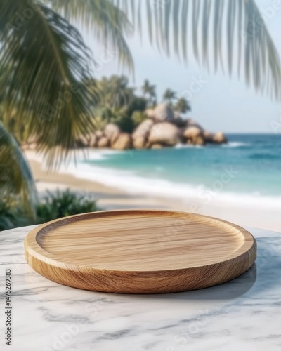Wallpaper Mural Wooden plate on marble table against tropical beach backdrop for product display mockup presentation advertisement Torontodigital.ca