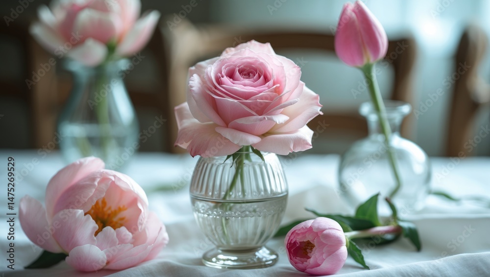 Refined arrangement of peony and pink buds in glass vases contributes to a inviting environment. Refined arrangement of peony and pink buds in glass vases contributes to a inviting environment.