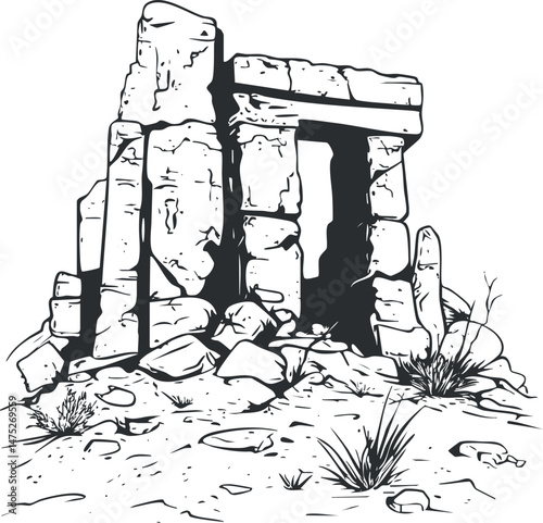 Illustration of ancient stone ruins with an archway in a desert landscape surrounded by rocks and dry bushes