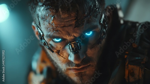 Cyberpunk Portrait: A stoic figure stares intensely, robotic enhancements and illuminated eyes creating a captivating fusion of humanity and advanced technology.