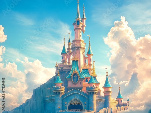 Surrounded by clouds, a castle stands with a pair of towers, one significantly larger than the other, beneath a blue sky
