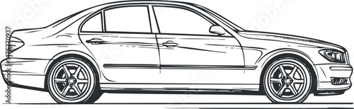 Side view line art illustration of a modern sedan car with detailed wheels and body design