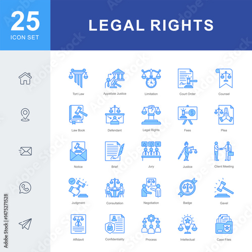 Legal Rights icon set featuring icons for court orders, client representation, justice, documentation, and legal processes. Ideal for law firms, legal education, and rights-based advocacy.