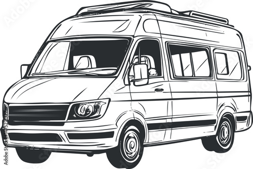 Black and white vector illustration of a modern passenger van vehicle for transportation and travel purposes