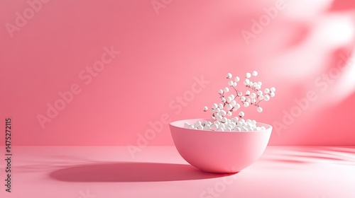 Pink bowl with white spheres and sunlight.