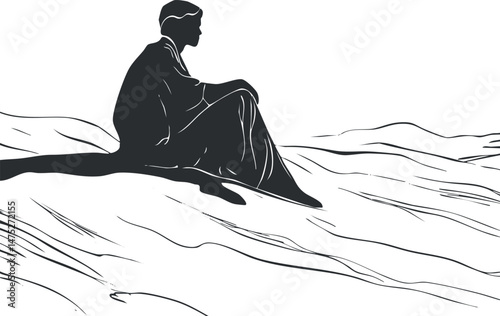 Silhouette of a woman sitting alone on sand dunes in a calm desert landscape, reflecting peacefully.