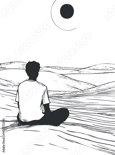 Person sitting cross-legged on desert sand dunes under the sun in a peaceful outdoor scene