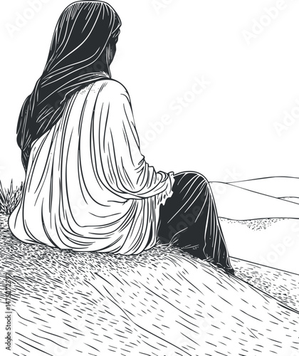 Black and white illustration of a woman sitting on a sand dune in the desert, viewed from the back.