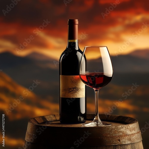 Red wine bottle and glass on wooden barrel at sunset.
