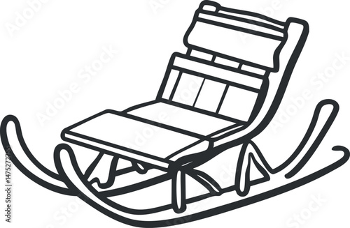 Black and white line art illustration of a comfortable wooden rocking chair with cushion and backrest