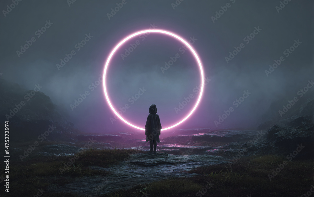 solitary figure watching glowing pink ring in surreal foggy landscape with mist and night atmosphere cosmic surreal dreamlike mood with mysterious eclipse
solitary figure watching glowing pink ring in surreal foggy landscape with mist and night atmosphere cosmic surreal dreamlike mood with mysterious eclipse