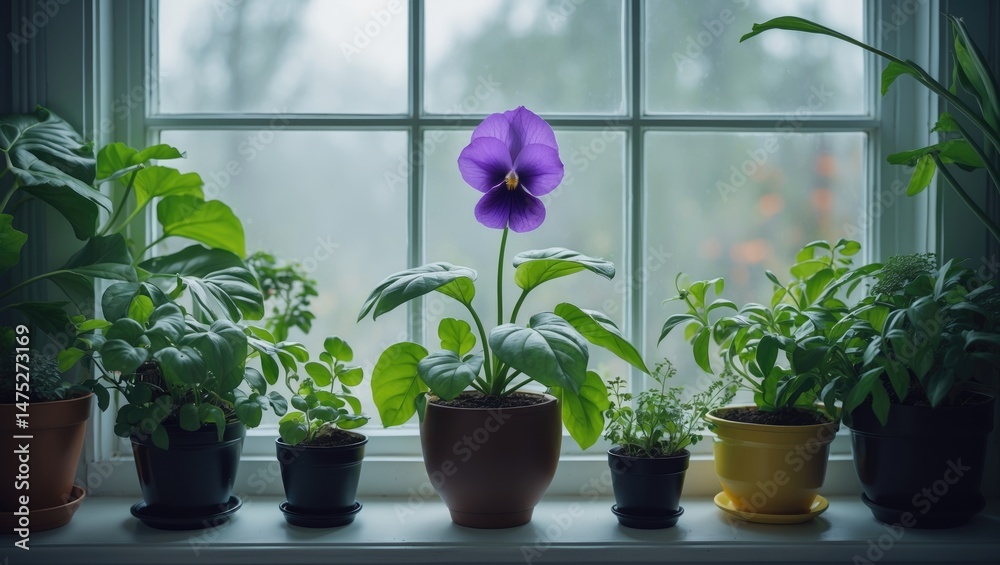 Homely atmosphere with a violet on the windowsill among various house plants