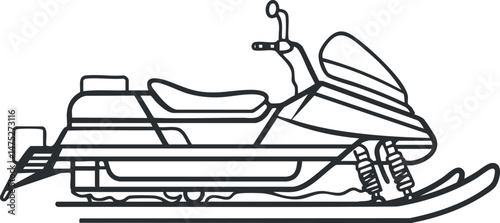 Line art illustration of a snowmobile showing its side view with handlebars and skis for winter transportation
