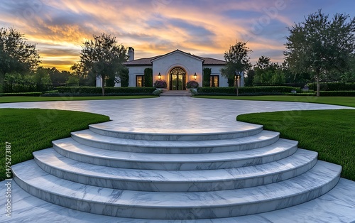 Elegant single-family home in a gated community, grand entrance with marble steps, manicured lawn, and a circular driveway under a twilight sky. photo