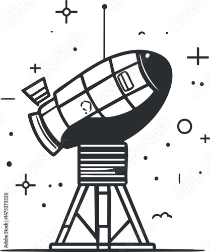 Black and white illustration of a telescope on a tripod observing space with stars and celestial objects around