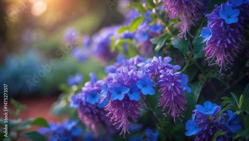 Selective focus on violet blue flower, Butterfly-bush or Orange eye, part of the Scrophulariaceae family, depicted with a natural background.