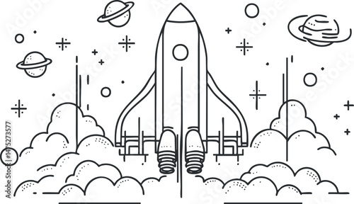 Black and white line drawing of a rocket launching into space surrounded by planets and stars