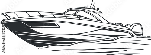 Black and white line drawing of a modern speedboat cruising on water with sleek design and powerful engines
