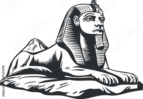 Black and white illustration of the ancient Egyptian sphinx statue symbolizing mythology and history