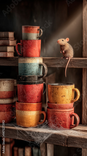 Old mugs covered in cobwebs and a mouse in a ray of sunlight.