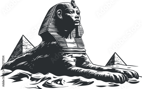 Black and white illustration of the Great Sphinx of Giza with pyramids in the background, representing ancient Egyptian culture and historic monuments.