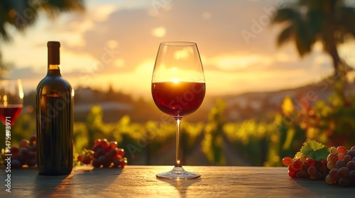 Sunset vineyard scene with wine glass and bottle.