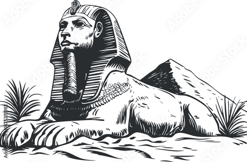 Black and white illustration of the Great Sphinx of Egypt with a pyramid and desert plants in the background
