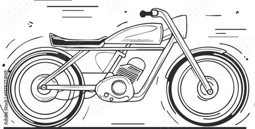 Black and white line art illustration of a motorcycle showing wheels handlebars engine and seat