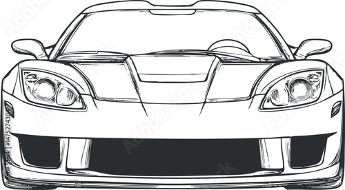 Illustration of a front view of a sports car showing headlights hood and grille design for vehicle and racing themes