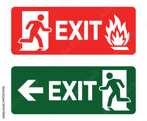 Emergency Exit Signs Set Fire Safety Red Green Running Figure Door Arrow