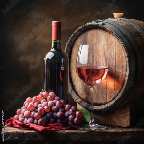 Still life arrangement of wine, grapes, and barrel.