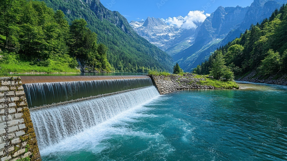 Fototapeta premium Scenic dam cascading into a turquoise alpine lake, surrounded by lush green forests and snow-capped mountains