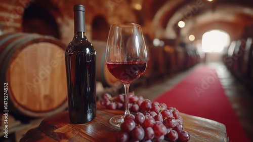 Wine bottle, glass, and grapes in a cellar setting.