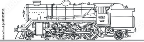 Black and white outline drawing of a classic steam locomotive train side view with detailed mechanical parts