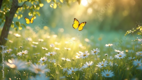 Fototapeta Naklejka Na Ścianę i Meble -  Seasonal forest glade during spring or summer with vibrant grass and butterflies