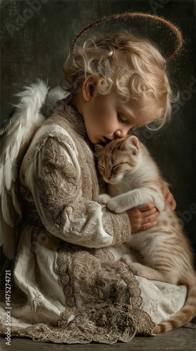 Angel little girl hugs a kitten.