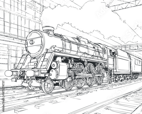 Black and white line drawing of a vintage steam locomotive train on railway tracks at a station