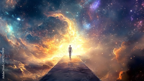 Journey into the Cosmos: A lone figure embarks on a transcendent journey through the vibrant expanse of the cosmos. The scene is painted with dynamic colors.