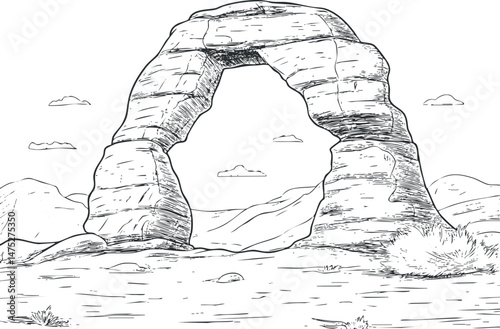 Black and white sketch of a natural rock arch formation in a desert landscape with mountains in the background