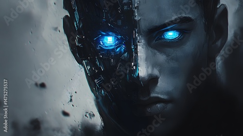 Cybernetic Gaze: A striking close-up portrait features a person with piercing blue, cybernetic eyes, half-transformed in a mesmerizing fusion of human and advanced technology.