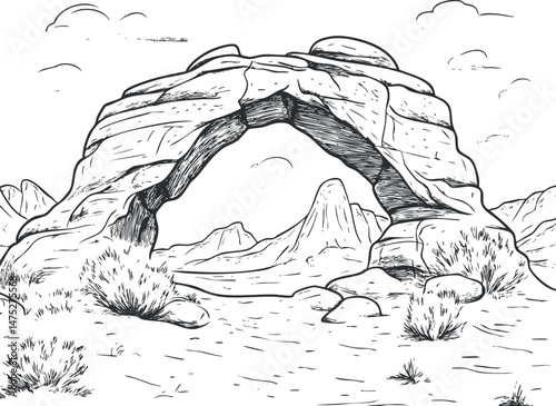 Black and white sketch of a natural rock arch formation in a desert landscape with mountains and bushes