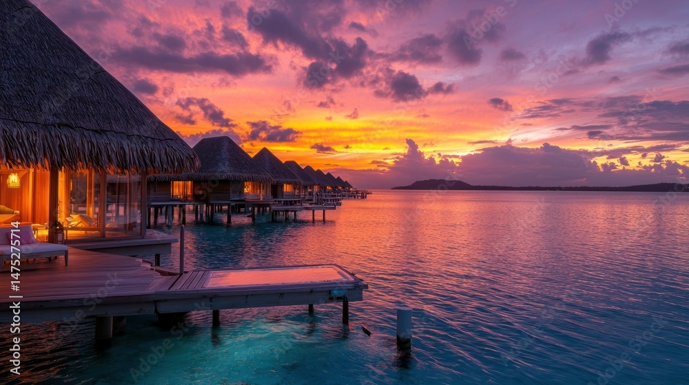 Obraz premium Several overwater bungalows view during a scenic vibrant sunset display