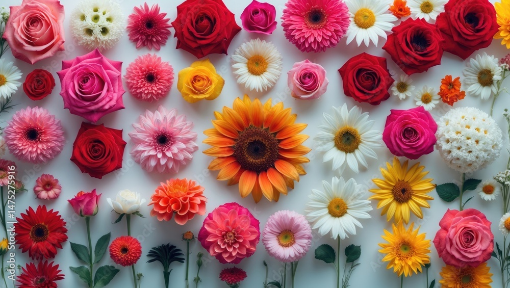 Wide Selection of Isolated Flowers on Background with Colors Such as Rose, Dahlia, Marigold, Zinnia, Straw Flower, Sunflower, Daisy, Primrose, and Additional Wildflowers Wide Selection of Isolated Flowers on Background with Colors Such as Rose, Dahlia, Marigold, Zinnia, Straw Flower, Sunflower, Daisy, Primrose, and Additional Wildflowers