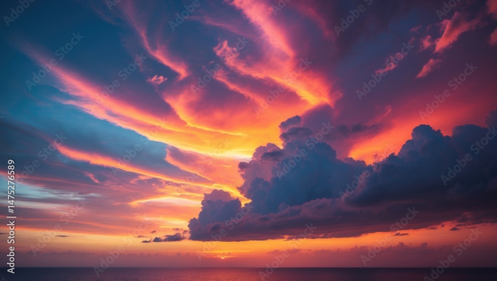 Fototapeta premium Sunset Evening Scene with Orange, Yellow Sunlight and Storm Clouds in a Summer Sky