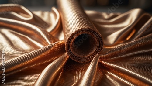 Woven fabric showcasing durable, lightweight kevlar fibers with a reflective gold background and decorative pattern