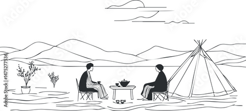 Minimalist line art of two people camping with a tent and tea setup in a mountain landscape