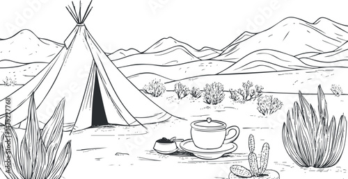 Black and white line drawing of a desert camping scene with a tent, cup on saucer, cactus, and mountains in background