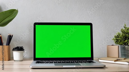 Green screen laptop sitting on workspace near coffee mug, writing utensils, potted greenery.
